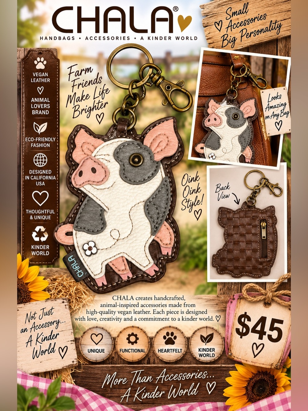 Chala Pink, Gray & White Pig Keychain Vegan Leather Charm